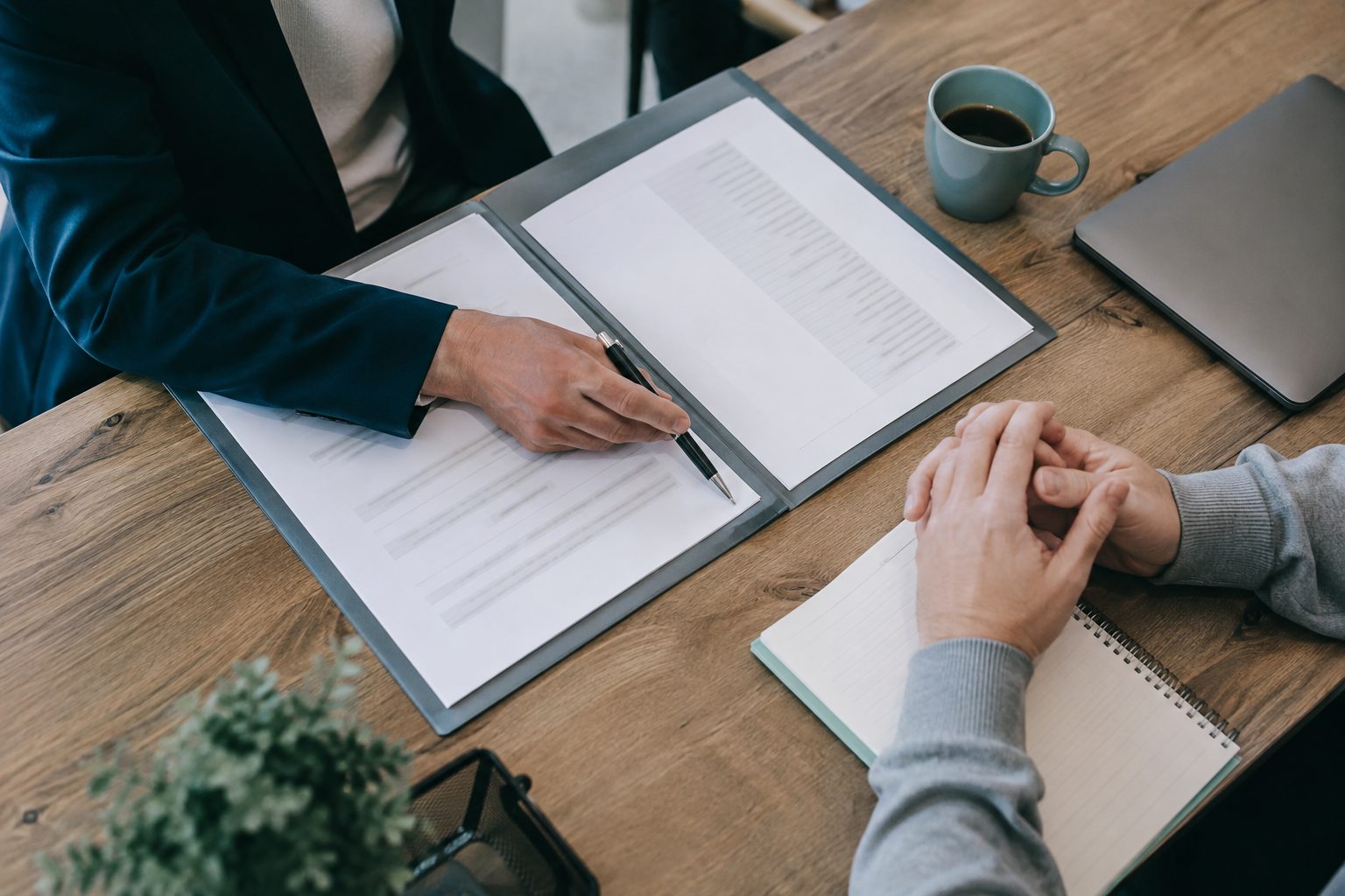 Consultor laboral asesorando al dueño de una pequeña empresa