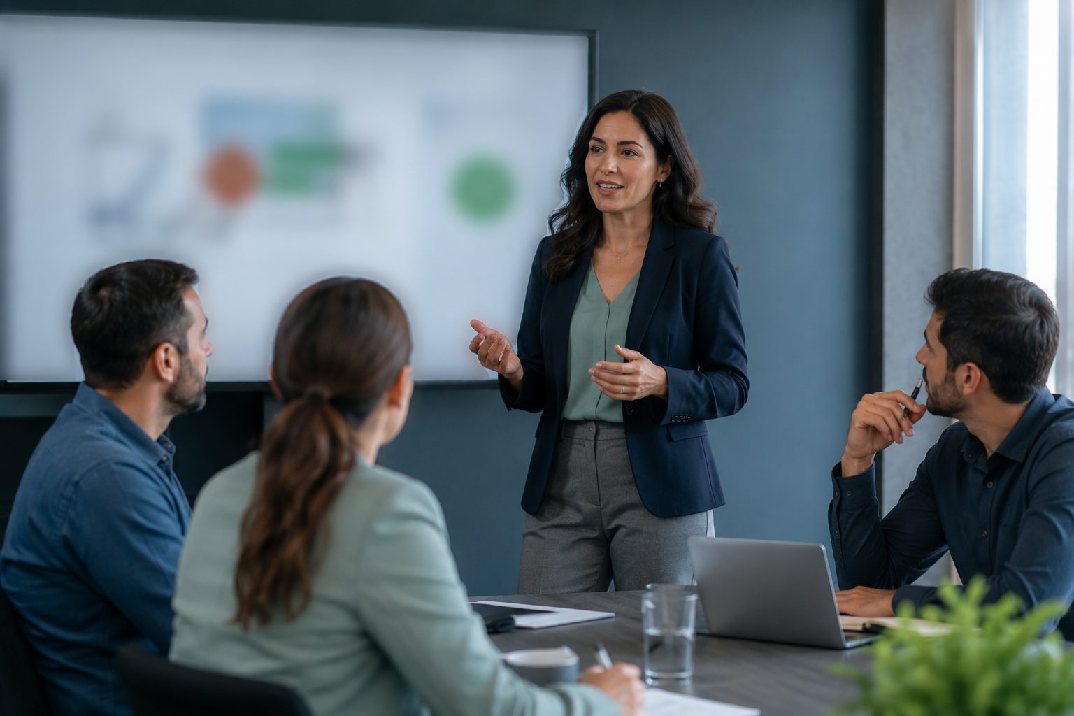 Facilitadora exponiendo un protocolo de prevención a un equipo