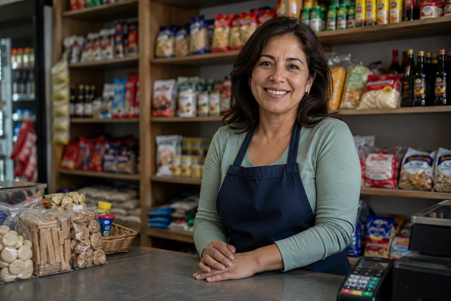 Dueña de una micro empresa atendiendo en su almacén