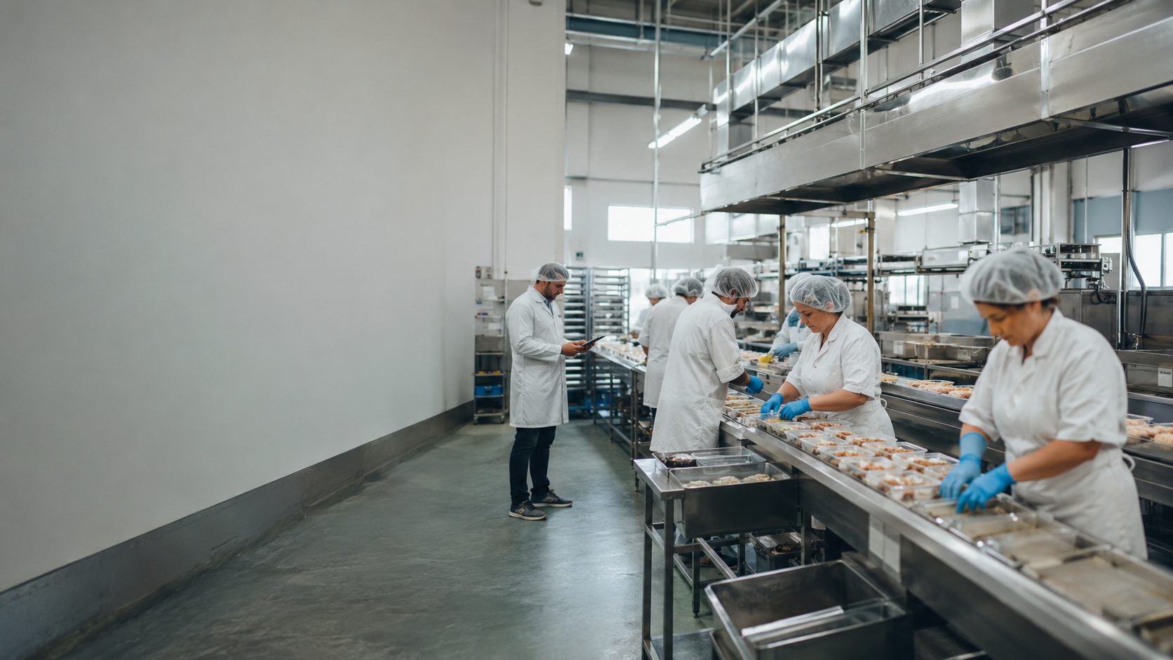 Operarios en la línea de producción de una pyme de alimentos
