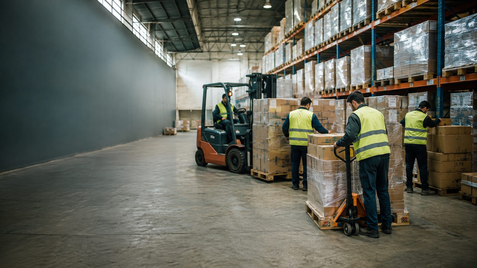 Equipo de trabajo en el centro de distribución de una pyme