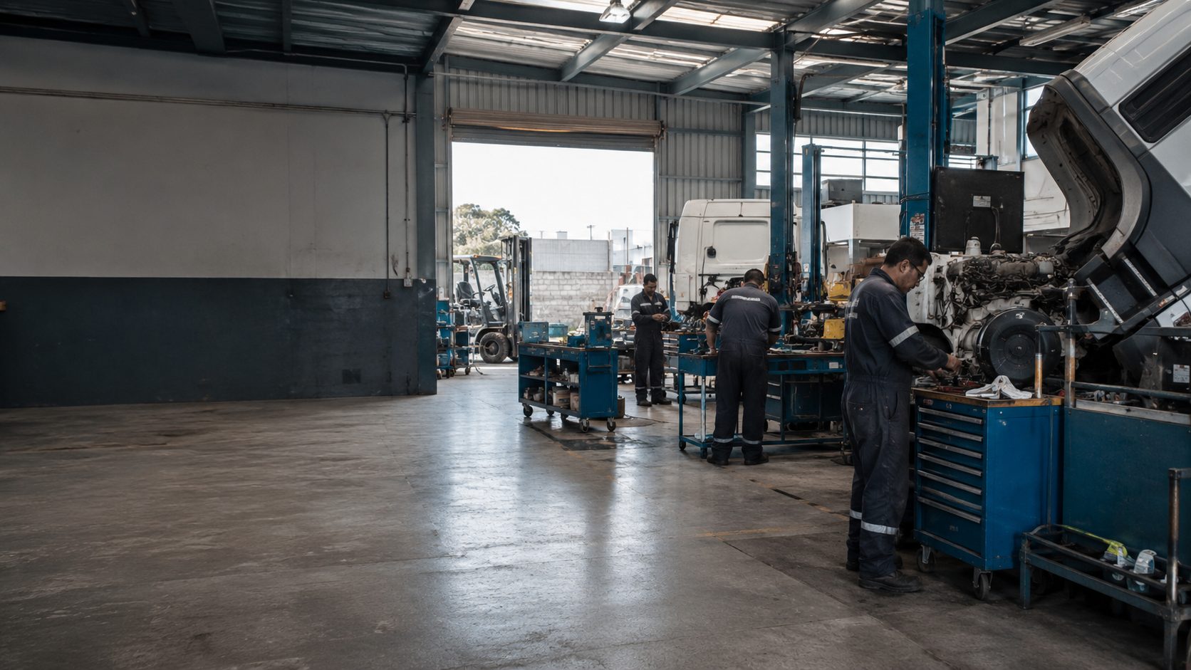 Mecánicos trabajando en el taller de una empresa mediana